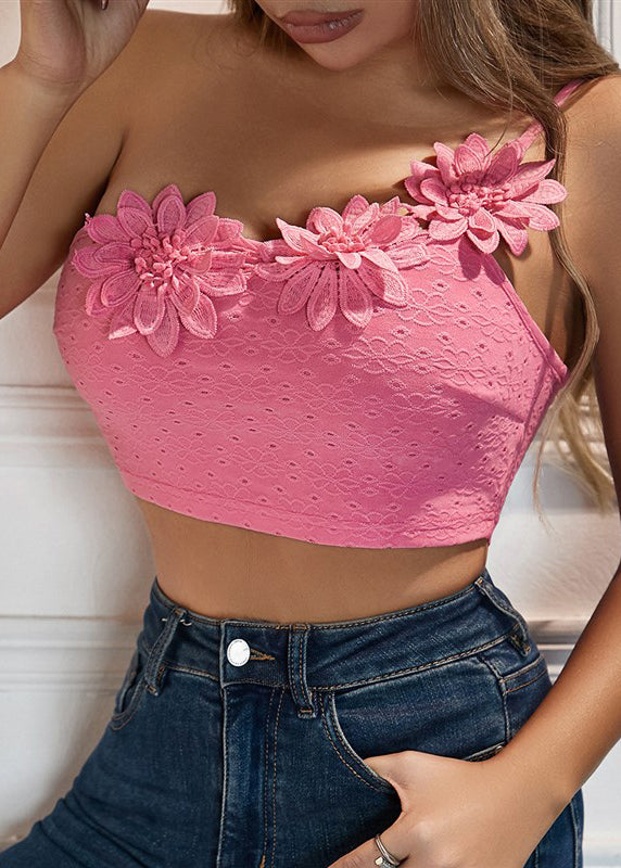 Shoulder Pink Single Camisole Flower Top With Dimensional Sexy