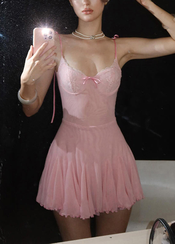Dress Spaghetti Mid Strap Pink Sexy Patchwork Sleeveless Tulle