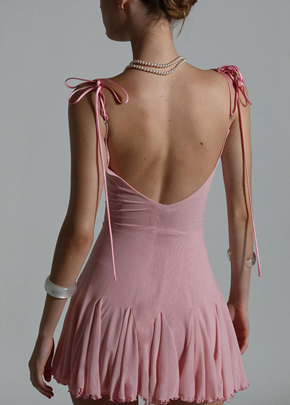 Dress Spaghetti Mid Strap Pink Sexy Patchwork Sleeveless Tulle