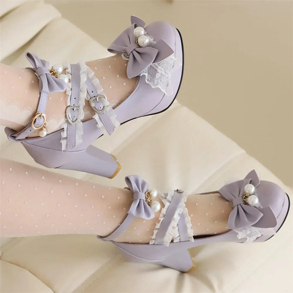 - Head Lolita 33-43 Bow Heels Pearl Round Lace Shoes