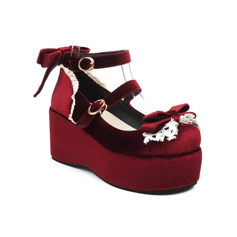 Frosted Sponge - 34-45 Cake Bow Shoes Lace Heels Lolita Flock