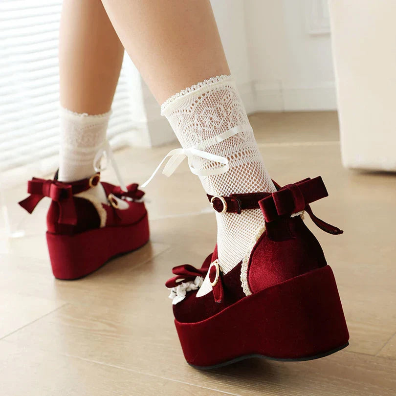 Frosted Sponge - 34-45 Cake Bow Shoes Lace Heels Lolita Flock