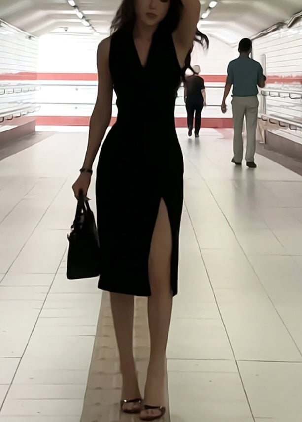 Side Sleeveless Dresses V Spaghetti Maxi Open Slim Black Neck Strap Fi