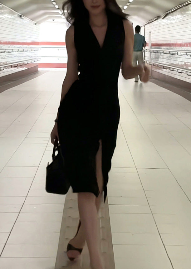 Side Sleeveless Dresses V Spaghetti Maxi Open Slim Black Neck Strap Fi