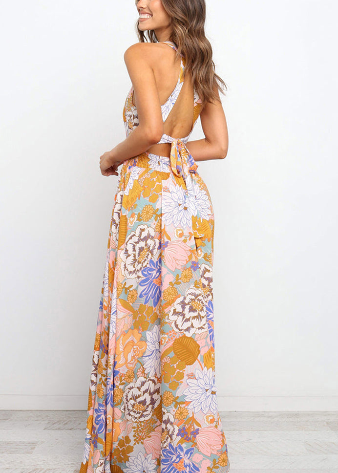 Sleeveless Fit Colorblock Dresses Maxi Backless Print Tunic Slim