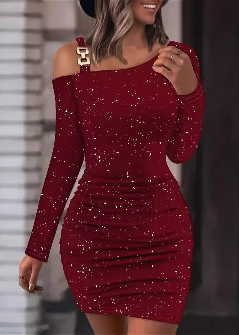 Cold Dresses Fit Fall Mulberry Mid Sequins Shoulder Slim