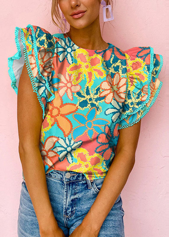 O-Neck T Ruffled Shirt Summer Style Green Print