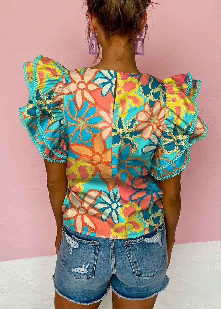 O-Neck T Ruffled Shirt Summer Style Green Print