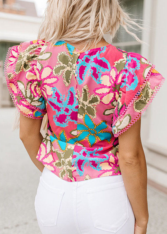 O-Neck T Ruffled Shirt Summer Style Green Print