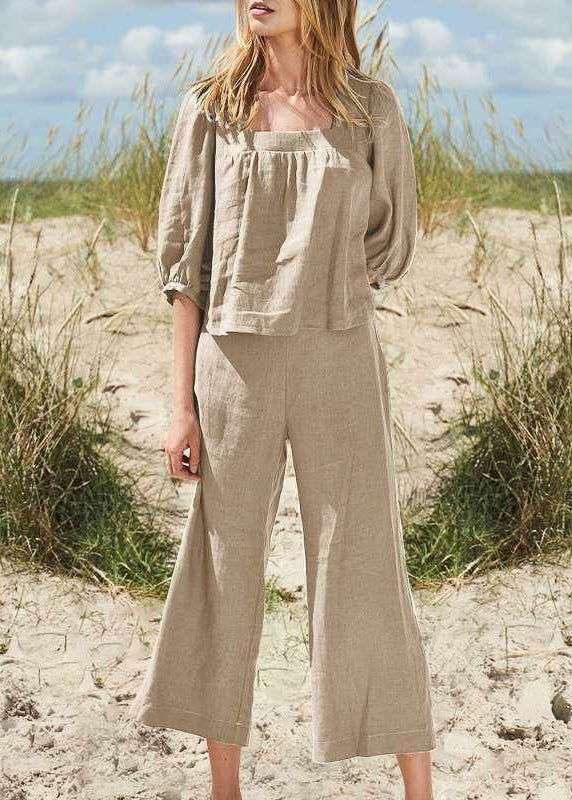 Top Khaki Collar Set Square Pants Two Crop Pieces And Style Half