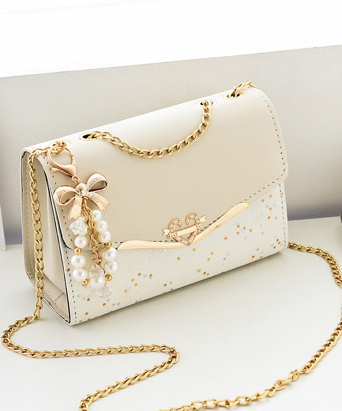 Leather Flap Linked Stylish Bag Faux Beige Chain
