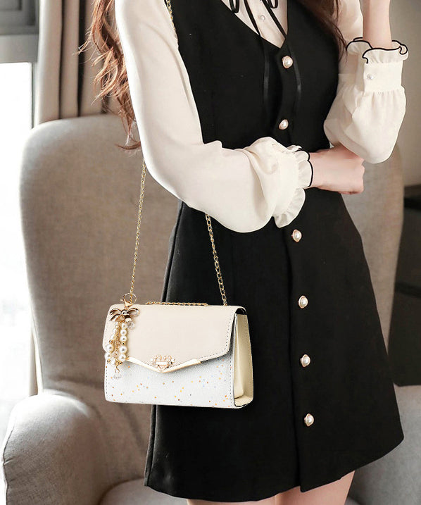 Leather Flap Linked Stylish Bag Faux Beige Chain