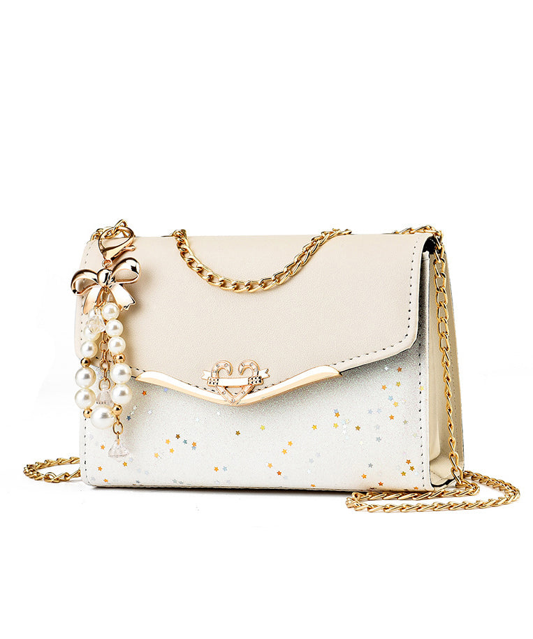 Leather Flap Linked Stylish Bag Faux Beige Chain
