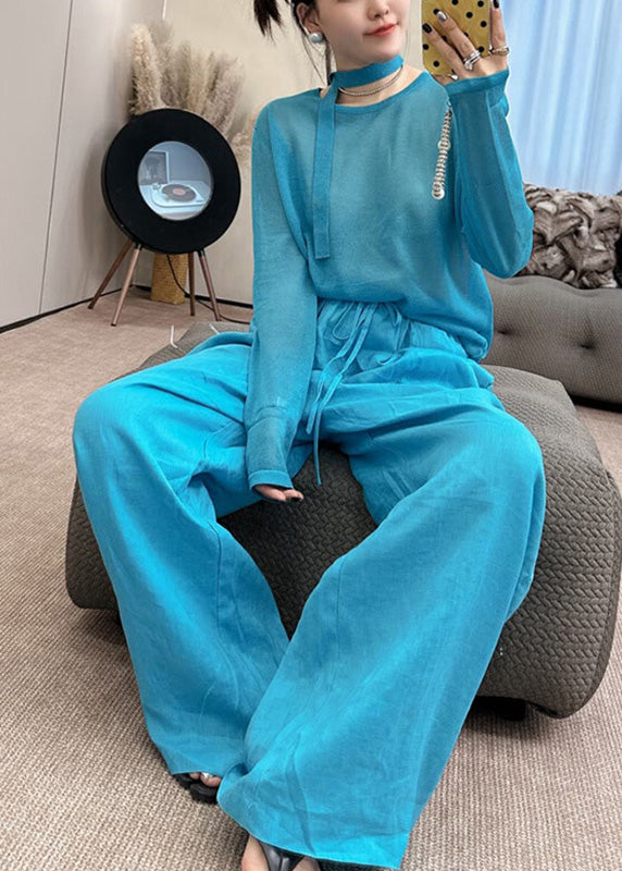 Stylish Toop O-Neck Set Blue And Piece Pants Fall Two Knit Wide Leg
