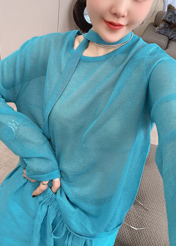 Stylish Toop O-Neck Set Blue And Piece Pants Fall Two Knit Wide Leg