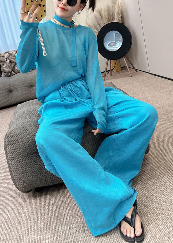Stylish Toop O-Neck Set Blue And Piece Pants Fall Two Knit Wide Leg