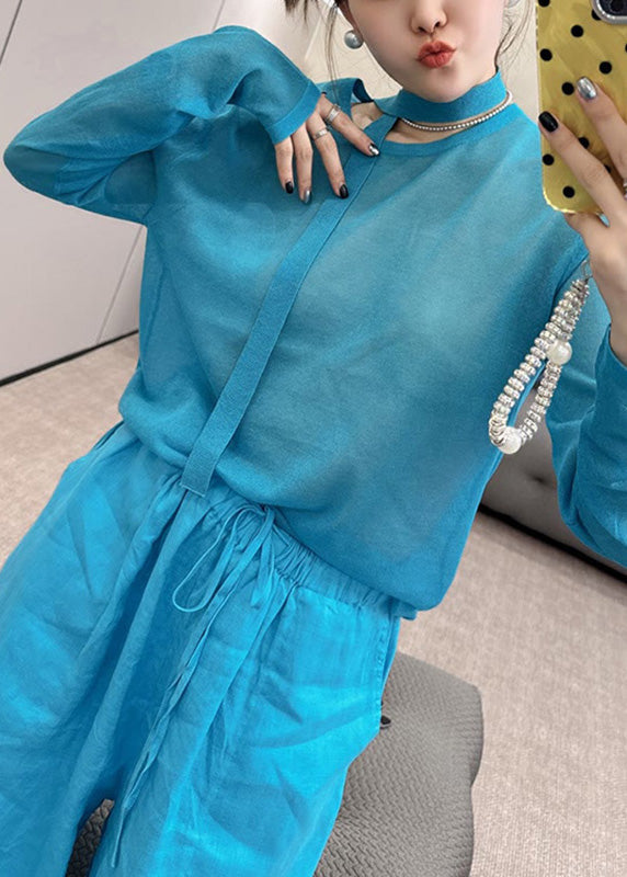 Stylish Toop O-Neck Set Blue And Piece Pants Fall Two Knit Wide Leg