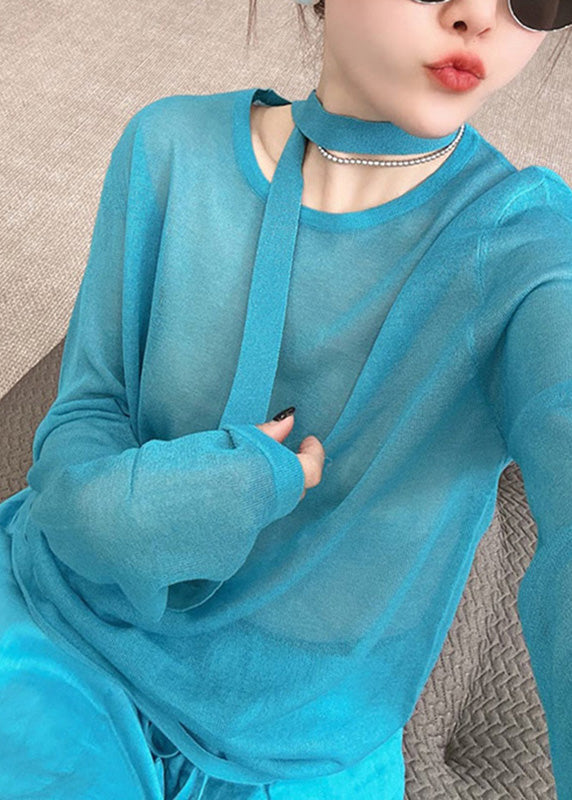 Stylish Toop O-Neck Set Blue And Piece Pants Fall Two Knit Wide Leg