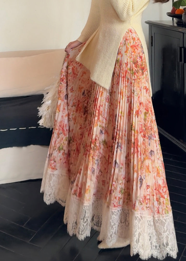 Print Orange Chiffon Pleated Stylish Skirt Lace Patchwork Summer