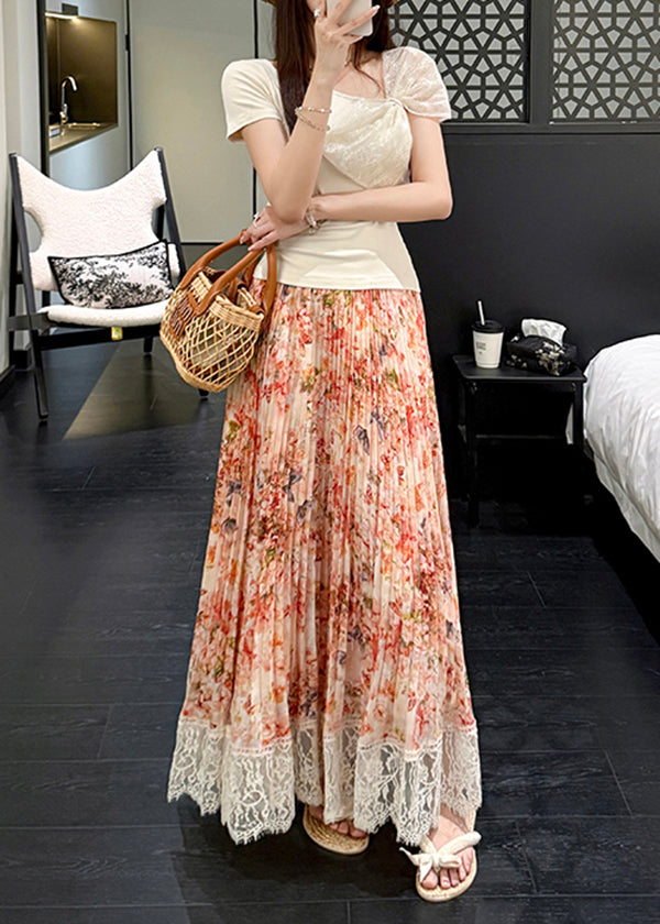 Print Orange Chiffon Pleated Stylish Skirt Lace Patchwork Summer