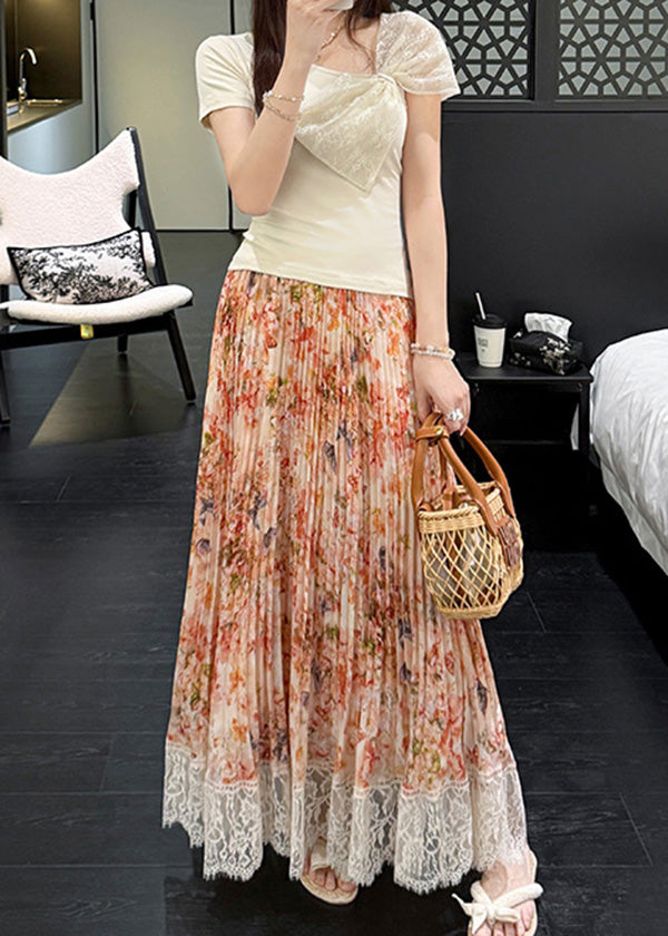 Print Orange Chiffon Pleated Stylish Skirt Lace Patchwork Summer