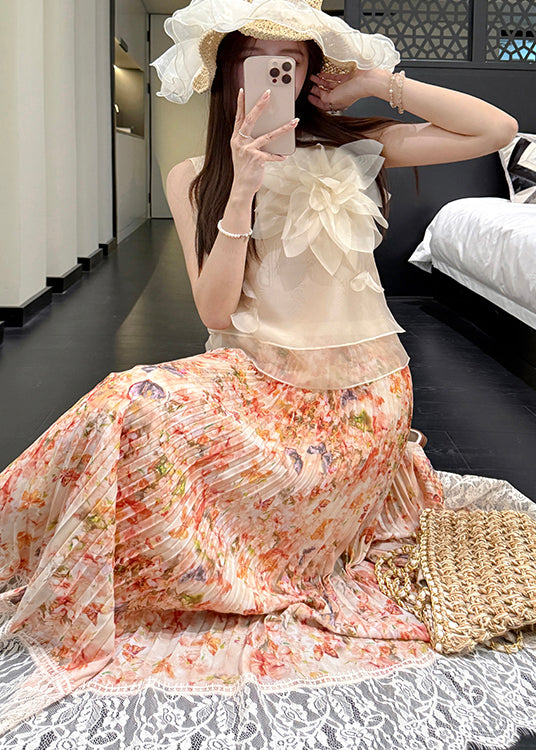 Print Orange Chiffon Pleated Stylish Skirt Lace Patchwork Summer