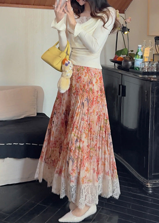 Print Orange Chiffon Pleated Stylish Skirt Lace Patchwork Summer
