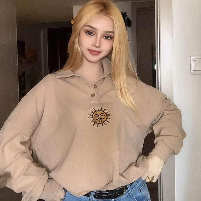 Sun Embroidery Button Up Sweatshirt boogzel apparel