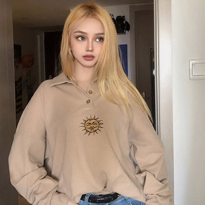 Sun Embroidery Button Up Sweatshirt boogzel apparel
