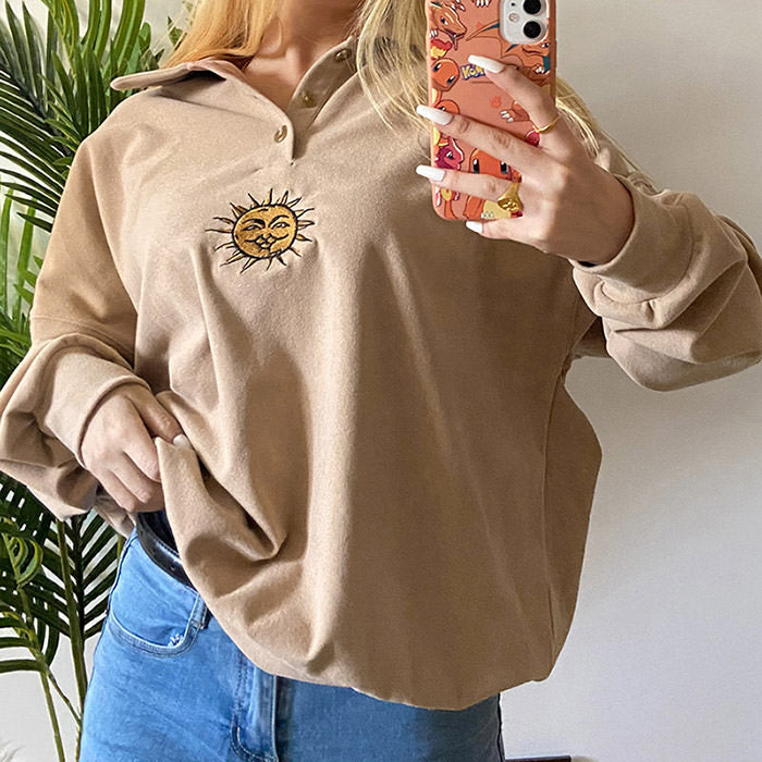 Sun Embroidery Button Up Sweatshirt boogzel apparel