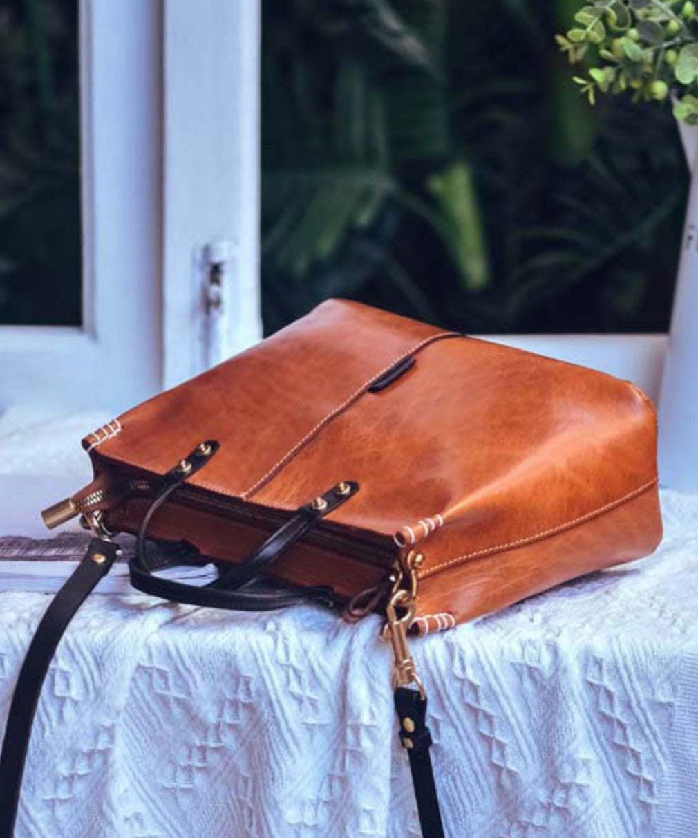 Tote Vintage Durable Handbag Leather Large Brown