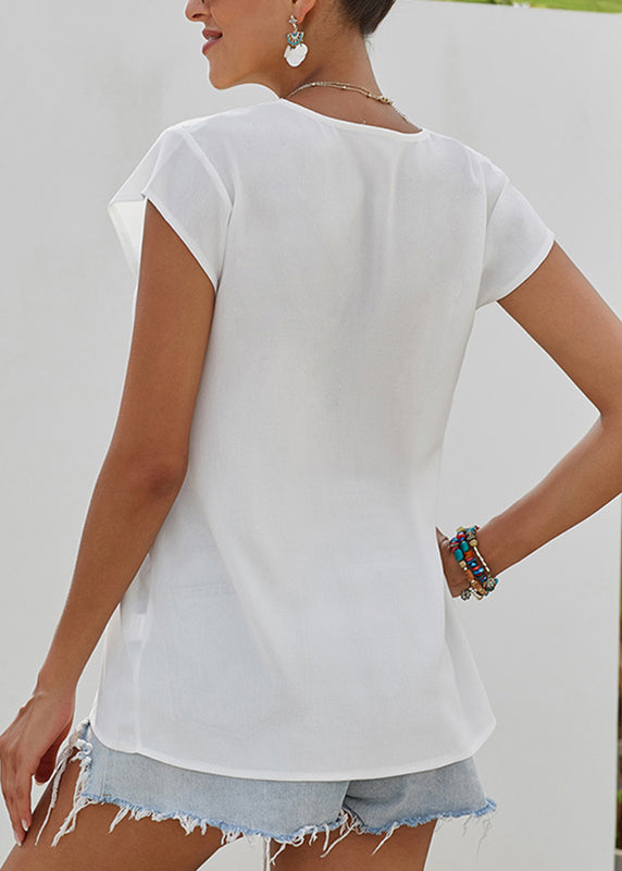 White Print Short Solid Tops Sleeve