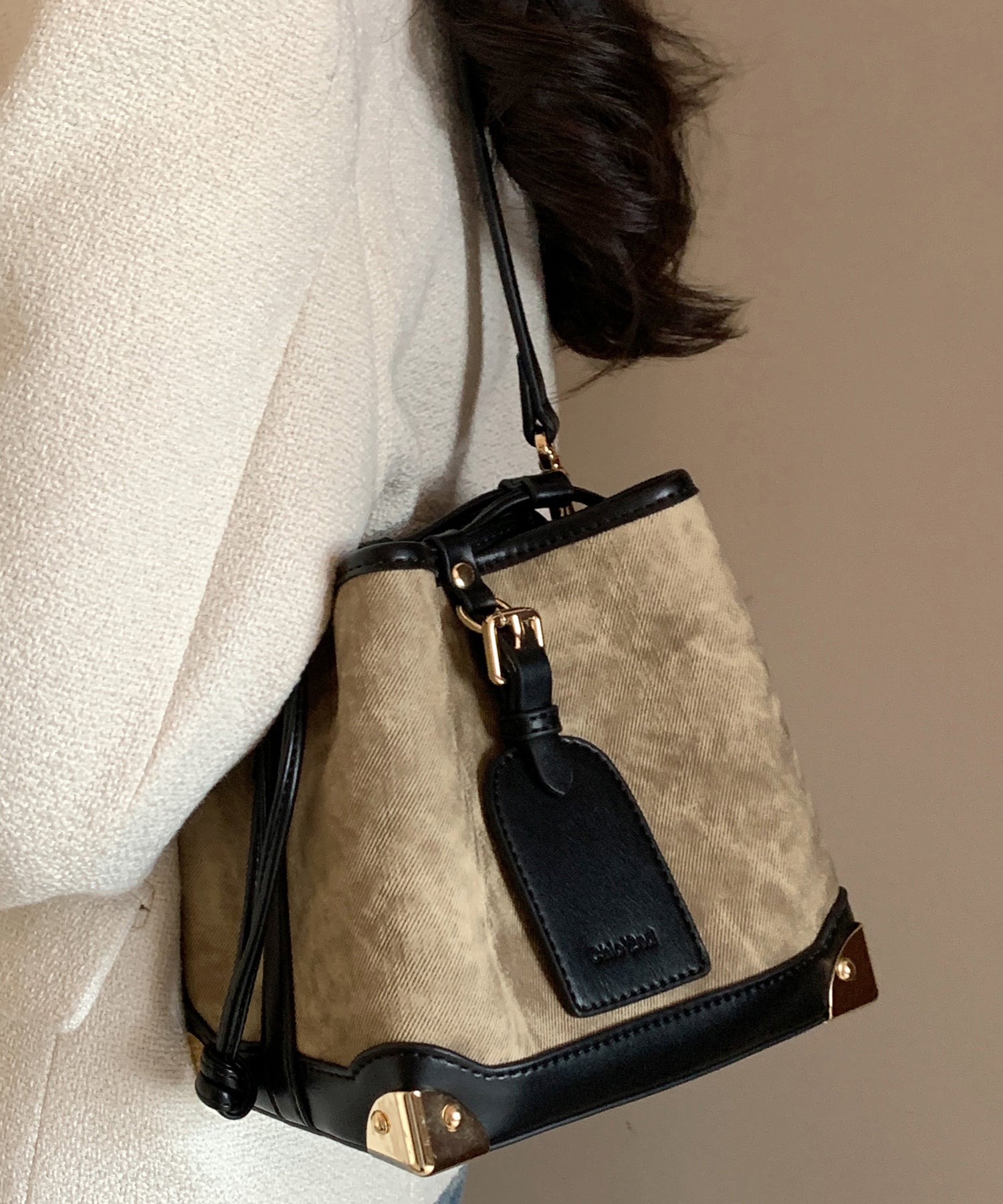 Bucket Bag Black Drawstring Leather Faux Women