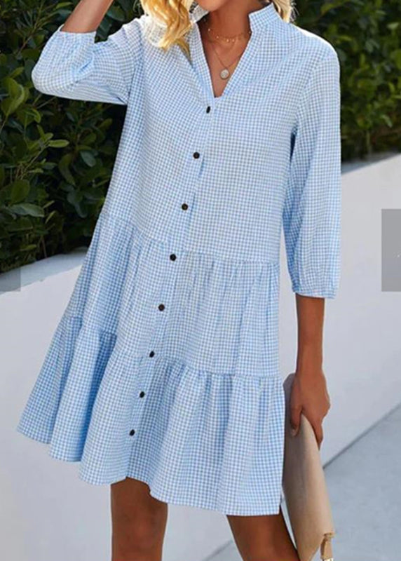Blue Mid Stand Fall Button Plaid Dress Shirts Collar Women