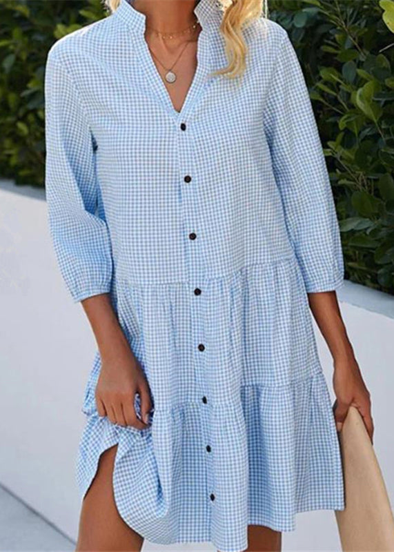 Blue Mid Stand Fall Button Plaid Dress Shirts Collar Women