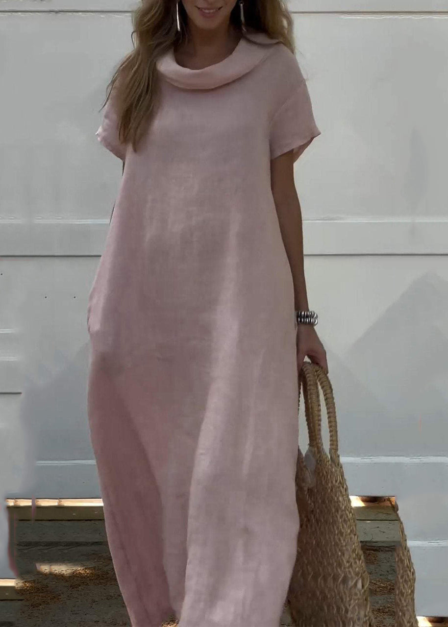 Solid Dresses Pink Neck Patchwork Women Turtle Vacation Long