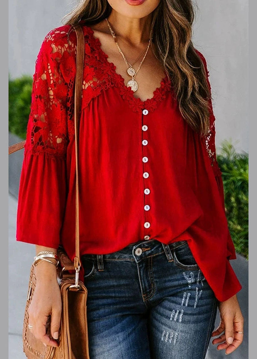 Top Women Solid Red Lace Patchwork Fall