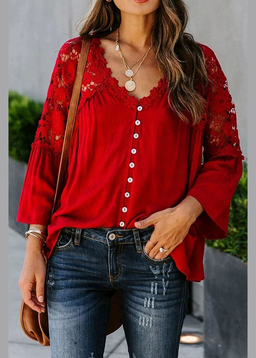 Top Women Solid Red Lace Patchwork Fall