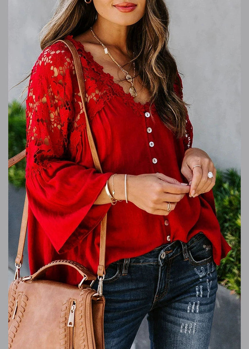 Top Women Solid Red Lace Patchwork Fall