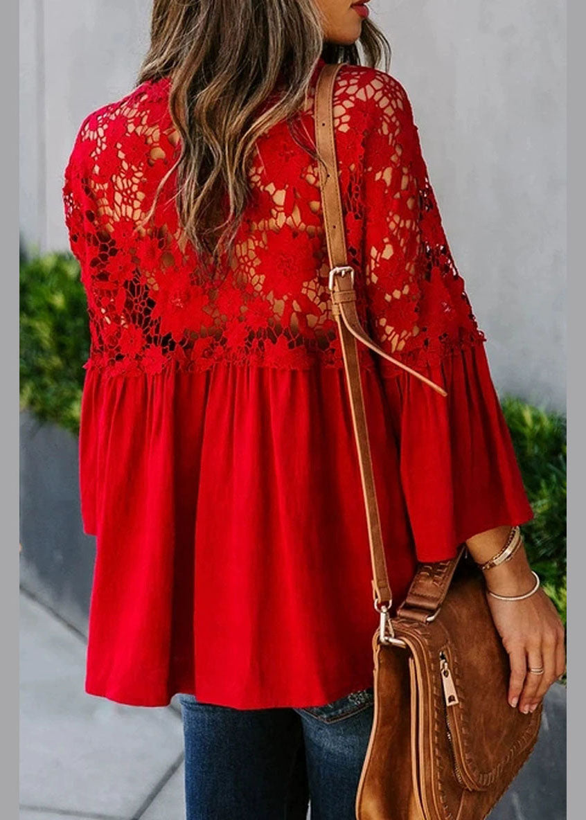 Top Women Solid Red Lace Patchwork Fall