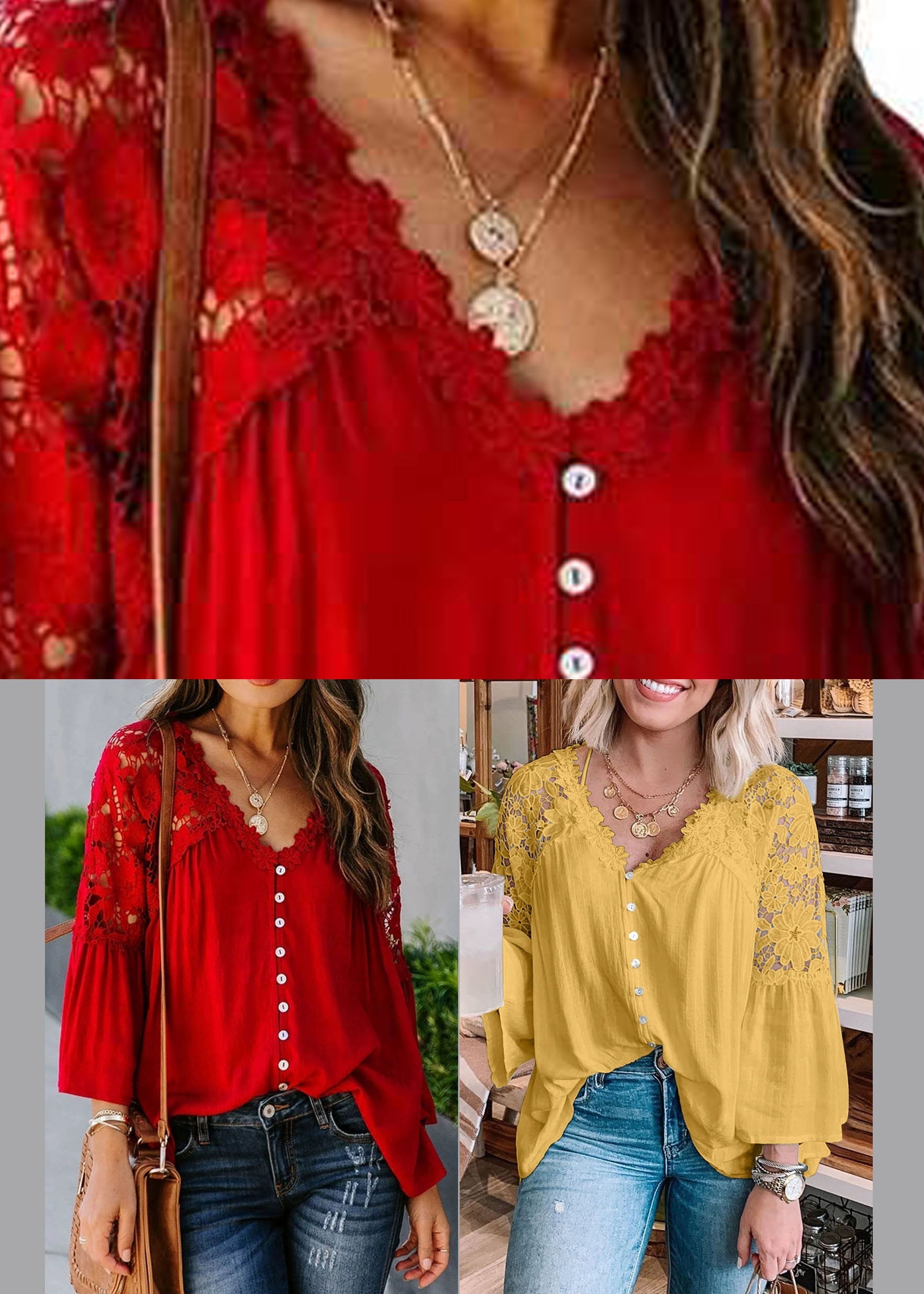 Top Women Solid Red Lace Patchwork Fall