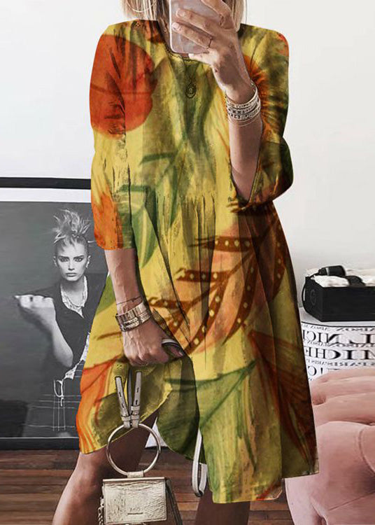 Mid O Cotton Neck Yellow Women Summer Print Dress