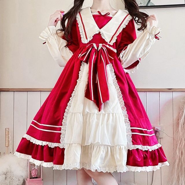 Long-Sleeve Mock Two-Piece Lace Trim A-Line Dress / Headpiece / Set