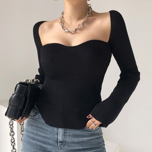 Square-Neck Ribbed Knit Top