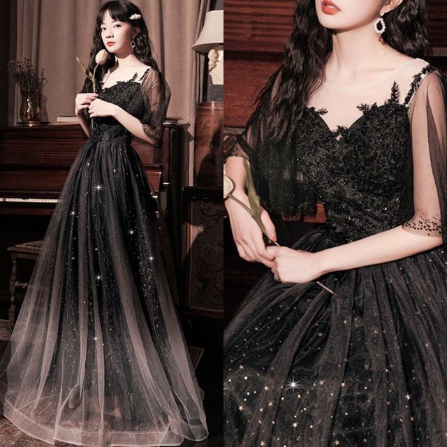 / Gown Sheer Dress Short-Sleeve Evening A-Line