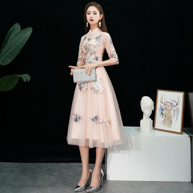 Cocktail / Embroidered A-Line Gown Evening Dress Floral Elbow-Sleeve
