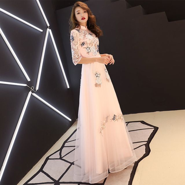 Cocktail / Embroidered A-Line Gown Evening Dress Floral Elbow-Sleeve