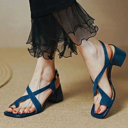 Strap Square-Toe Cross Chunky Heel Sandals