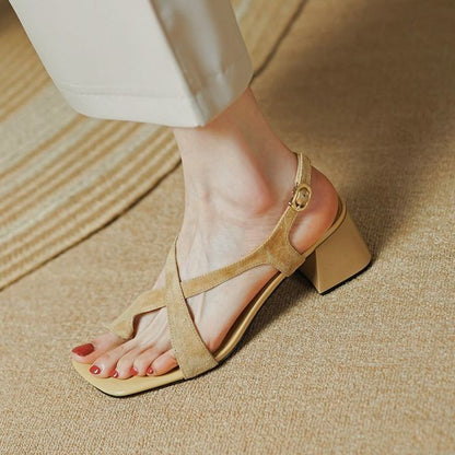 Strap Square-Toe Cross Chunky Heel Sandals