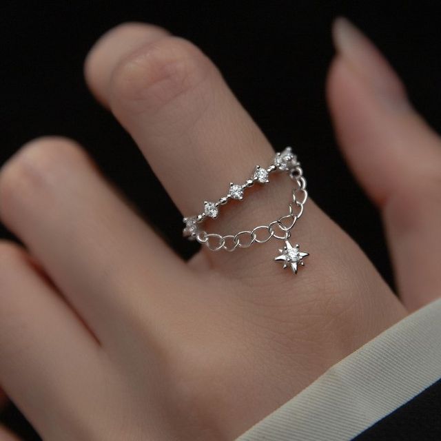 Star Rhinestone Layered Sterling Silver Open Ring